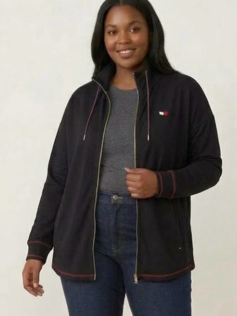 Tommy Hilfiger Black Zip-Up Track Jacket with Contrast Trim - Women